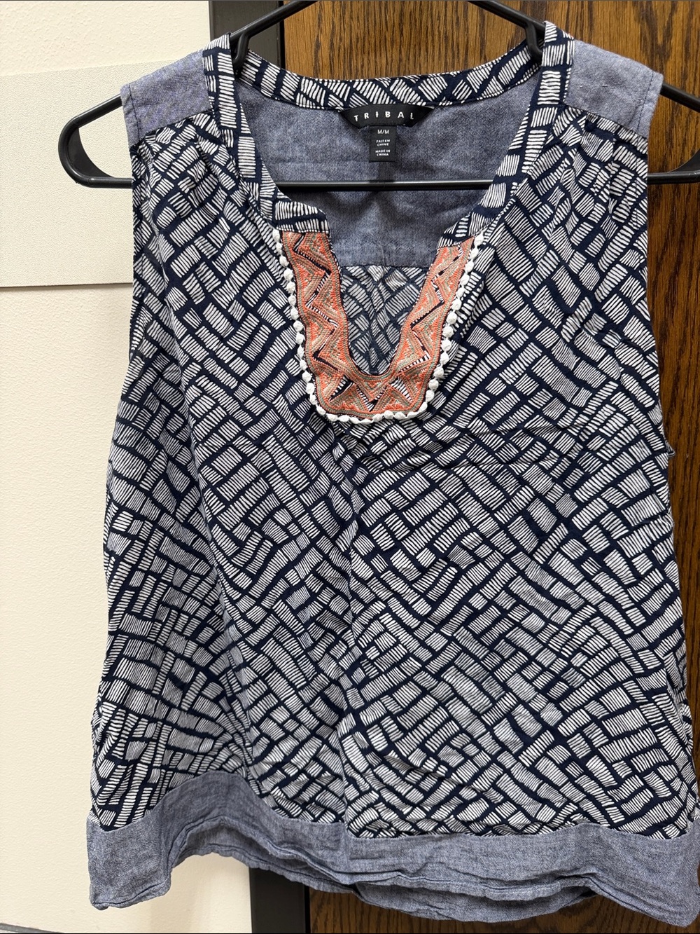 Tribal Navy Blue and White Printed Rayon Blouse